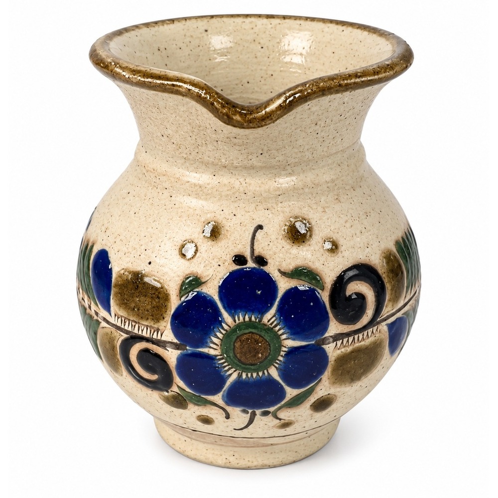 Tonala 4.5in Small Pitcher Hand Painted Blue Flower Mexican Folk Art Stoneware